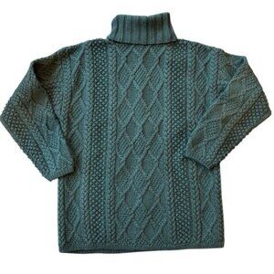 J. Crew Turtleneck Sweater 100% Wool Green Cable Knit Fisherman Size Small